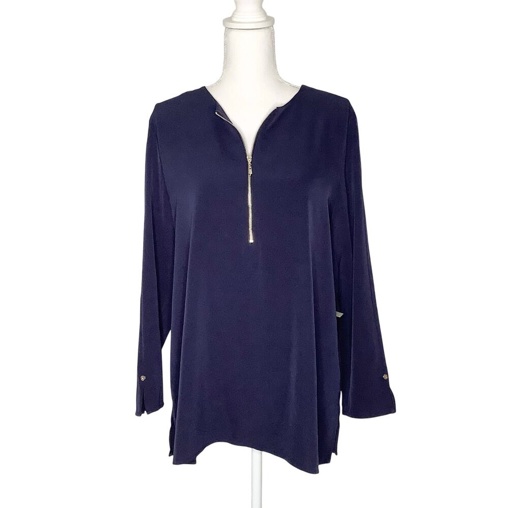 Chico's Navy Blue Long Sleeve Zipper Detail Blouse Top 12/14 NWT